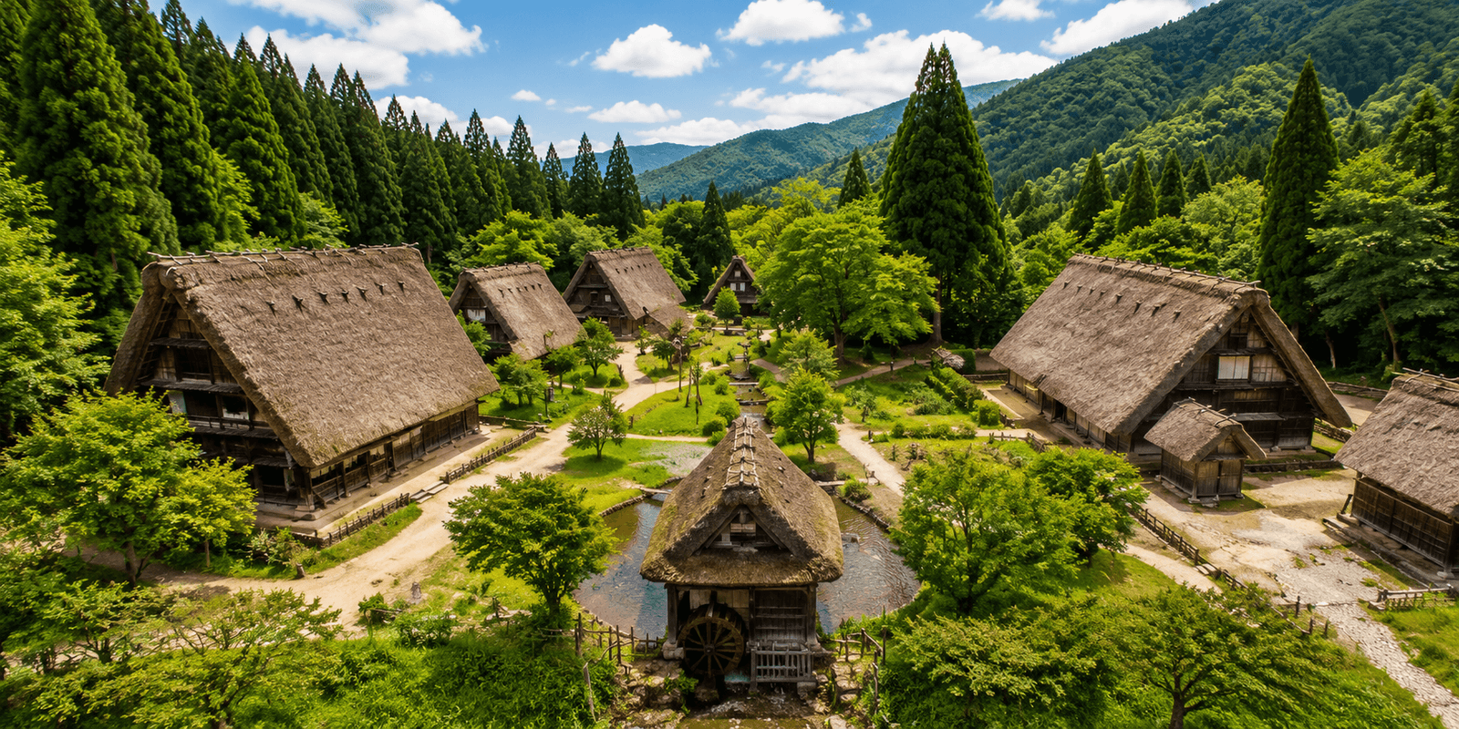 Elevated view of thatched gassho-zukuri farmhouses and a water wheel among trees at the Gassho-zukuri Minka-en Open-Air Museum, Shirakawa-go, Japan